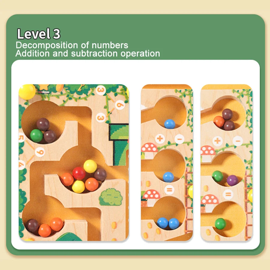 Educational wooden puzzle with colorful beads on a beige background