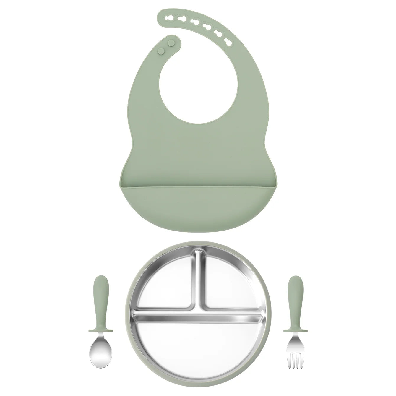 4-Piece Stainless Steel Silicone Feeding Set with Divided Plate and Bib