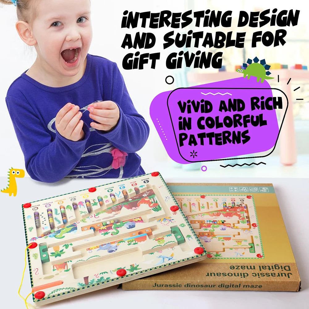 Child playing with a wooden maze toy, surrounded by text highlighting its design and suitability for gift giving.