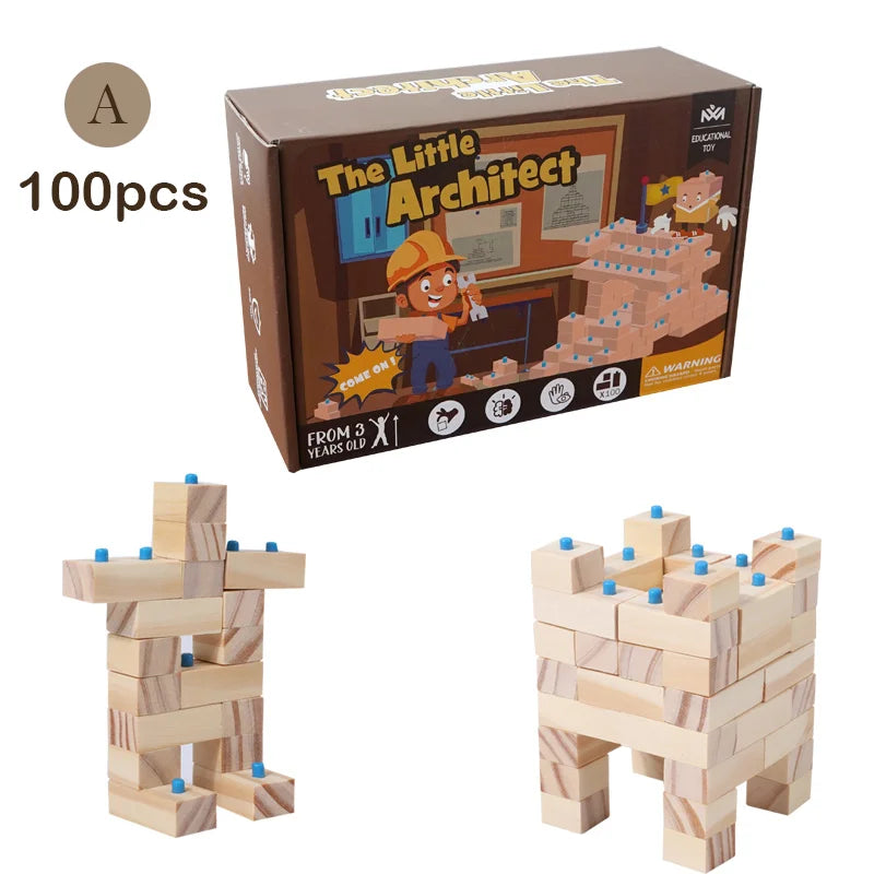 The Little Architect Wooden Building Blocks: Montessori educational toy for kids. Durable natural wood, available in 100, 200, or 300-piece sets.