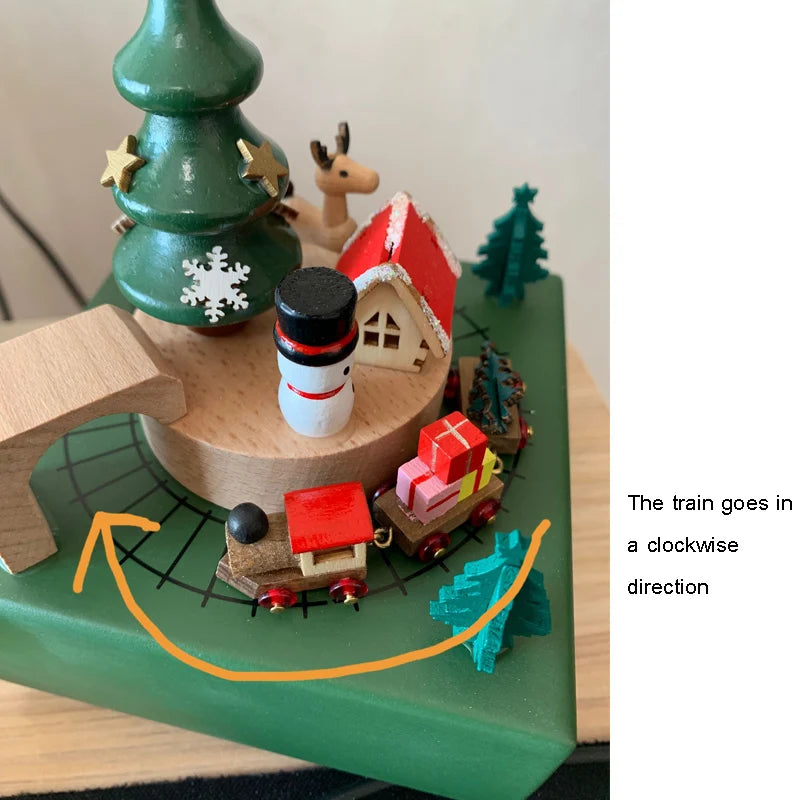 Wooden toy train set with a green tree, house, and snowman on a white background.