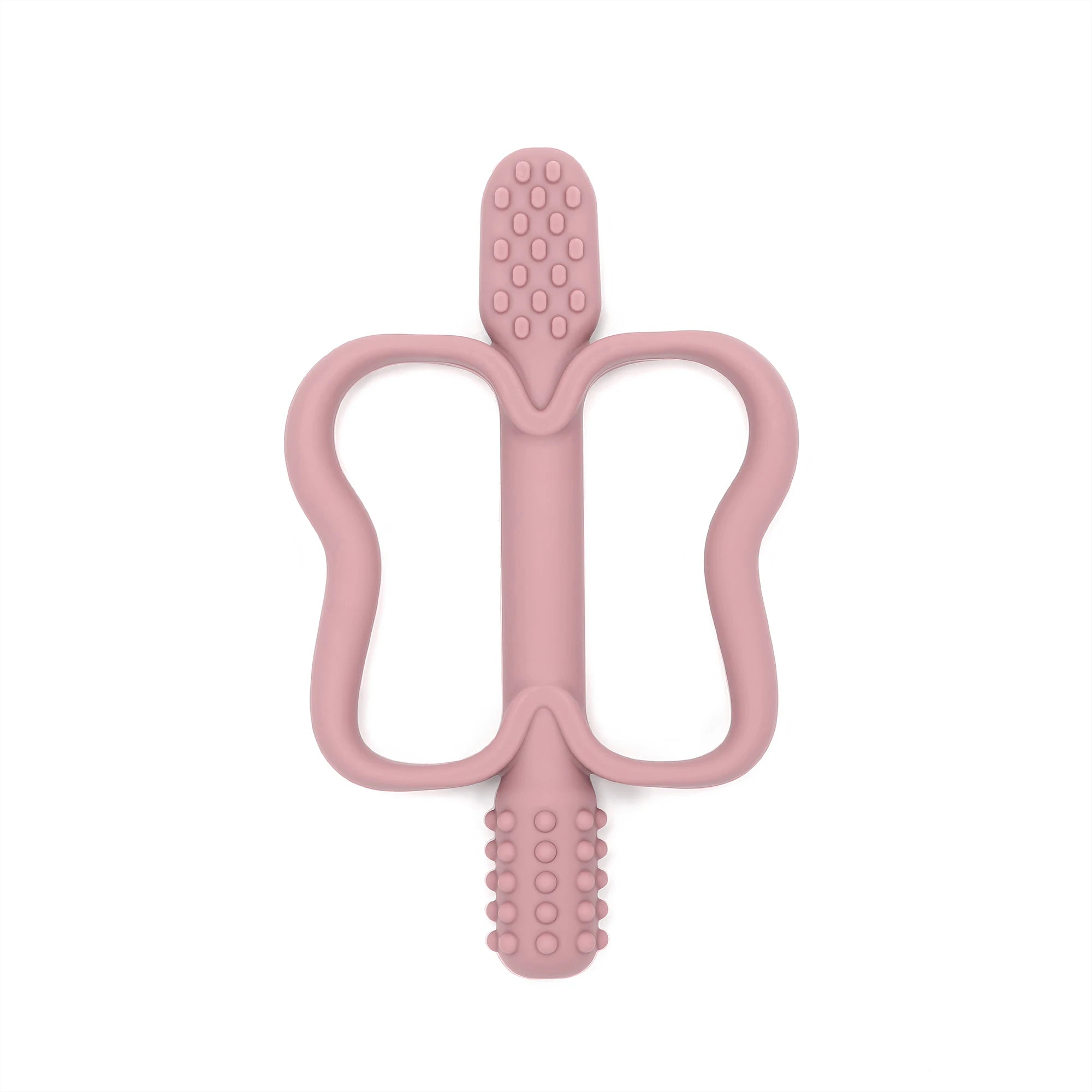 Pink butterfly-shaped teething toy on a white background