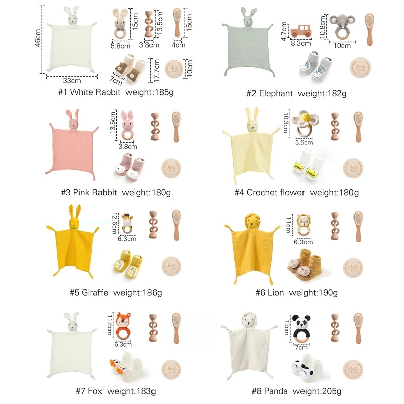 Collection of baby toys with dimensions and weights displayed on a white background