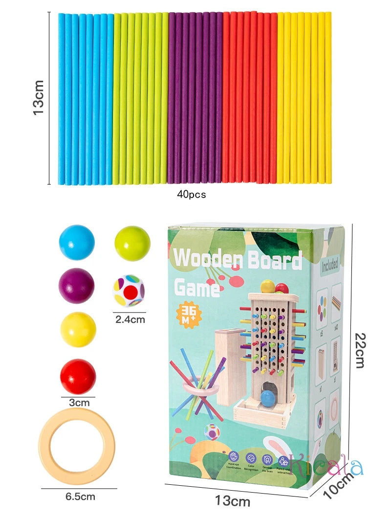 Colorful wooden sticks with a wooden board game set and packaging on a white background.