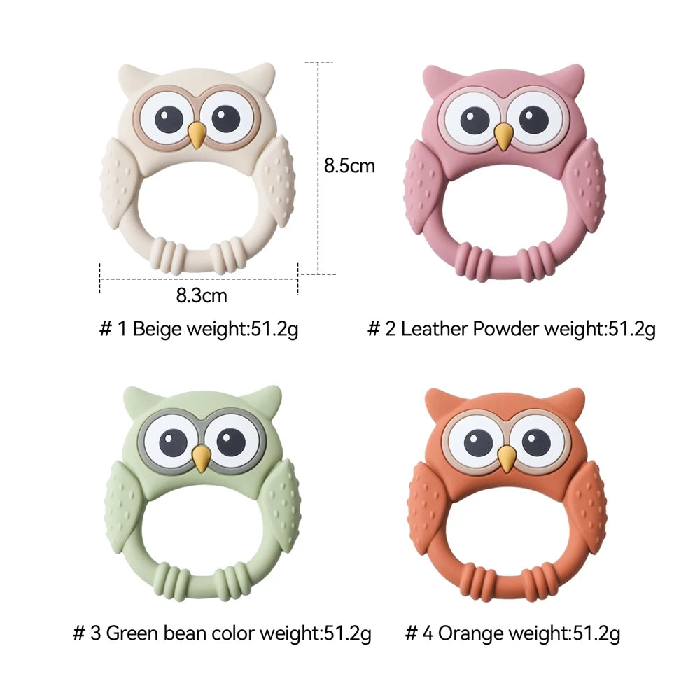 Four owl-shaped teething rings in beige, pink, green, and orange with measurements and weights displayed.