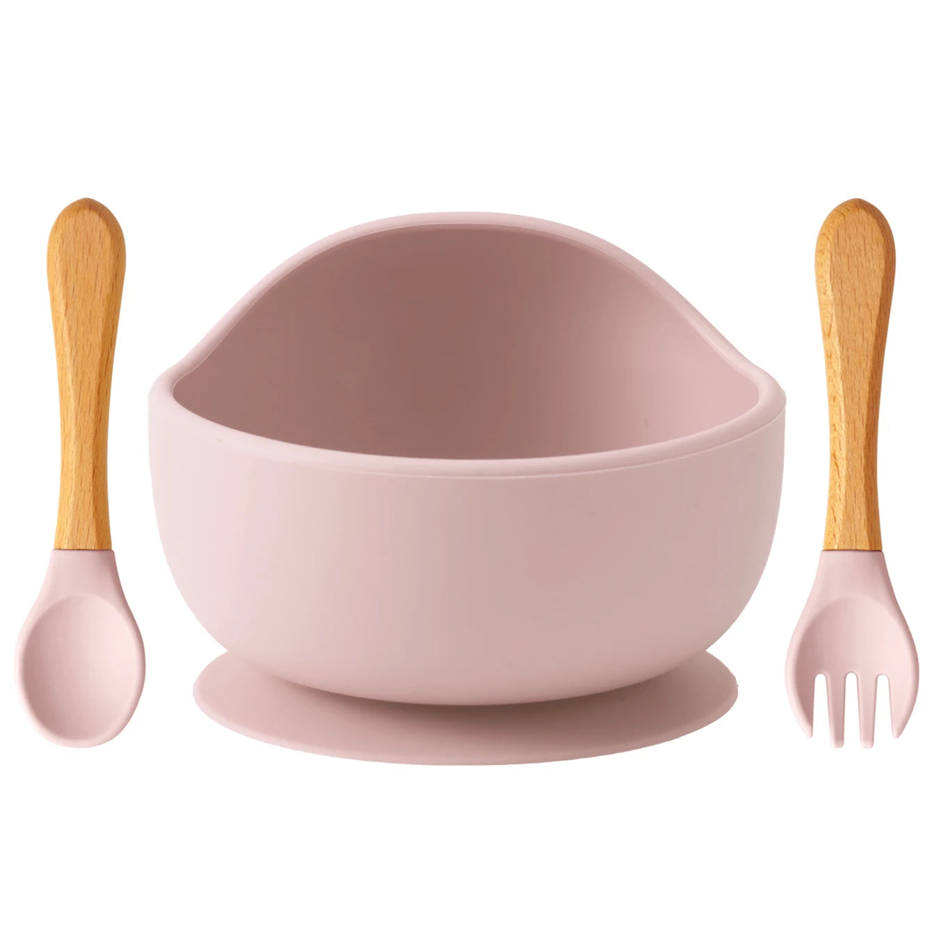 Light Pink silicone suction bowl with wooden spoon and fork