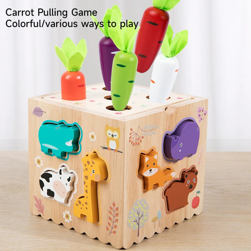 Wooden toy with carrot-shaped holes and animal cutouts on a light wooden surface.
