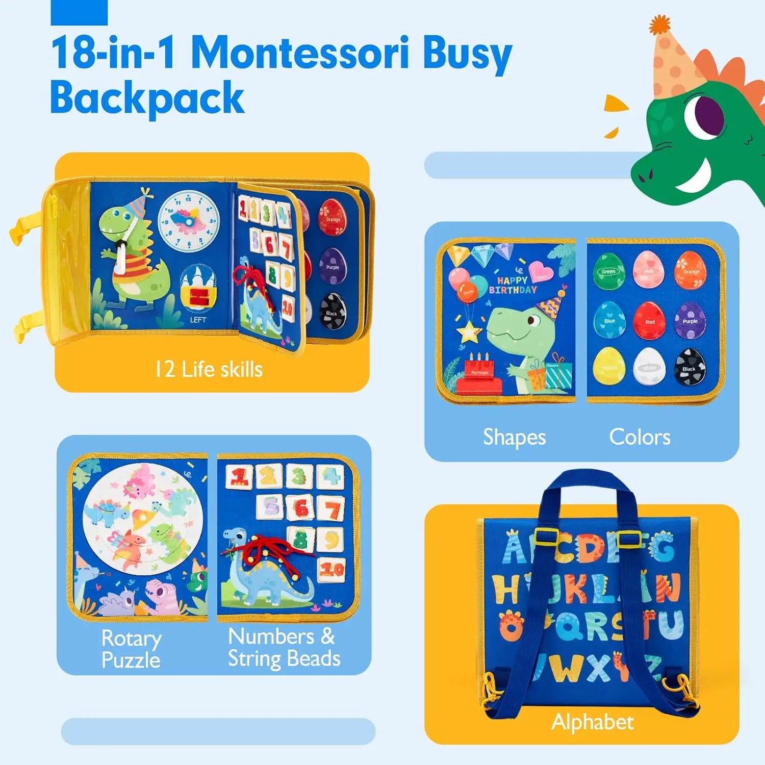 18-in-1 Montessori Busy Backpack with educational activities on a blue background