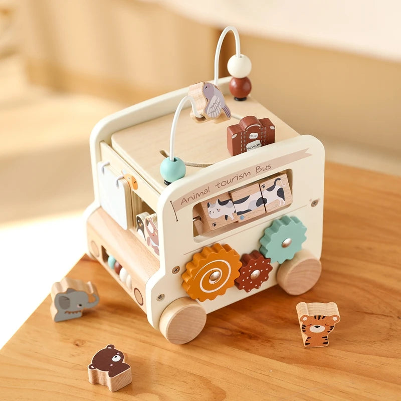 Montessori Activity Cube: Wooden busy bus toy with 8 games. Perfect for babies and toddlers 0-18 months. Durable, educational, and available in 2 color options0