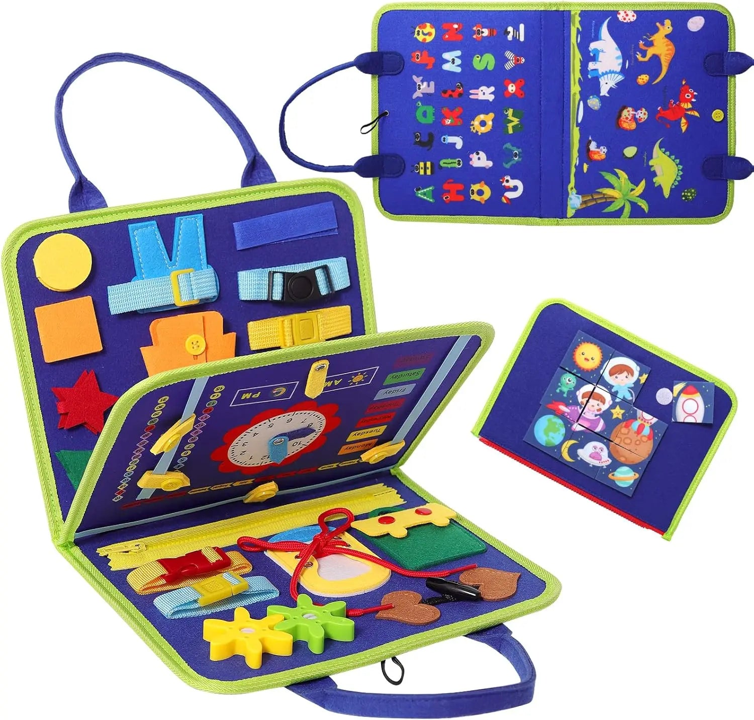 Educational toy book with colorful shapes and letters on a white background