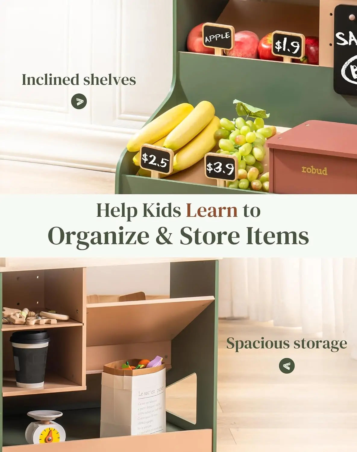 Children's toy kitchen set with shelves and storage bins, featuring inclined shelves and spacious storage.