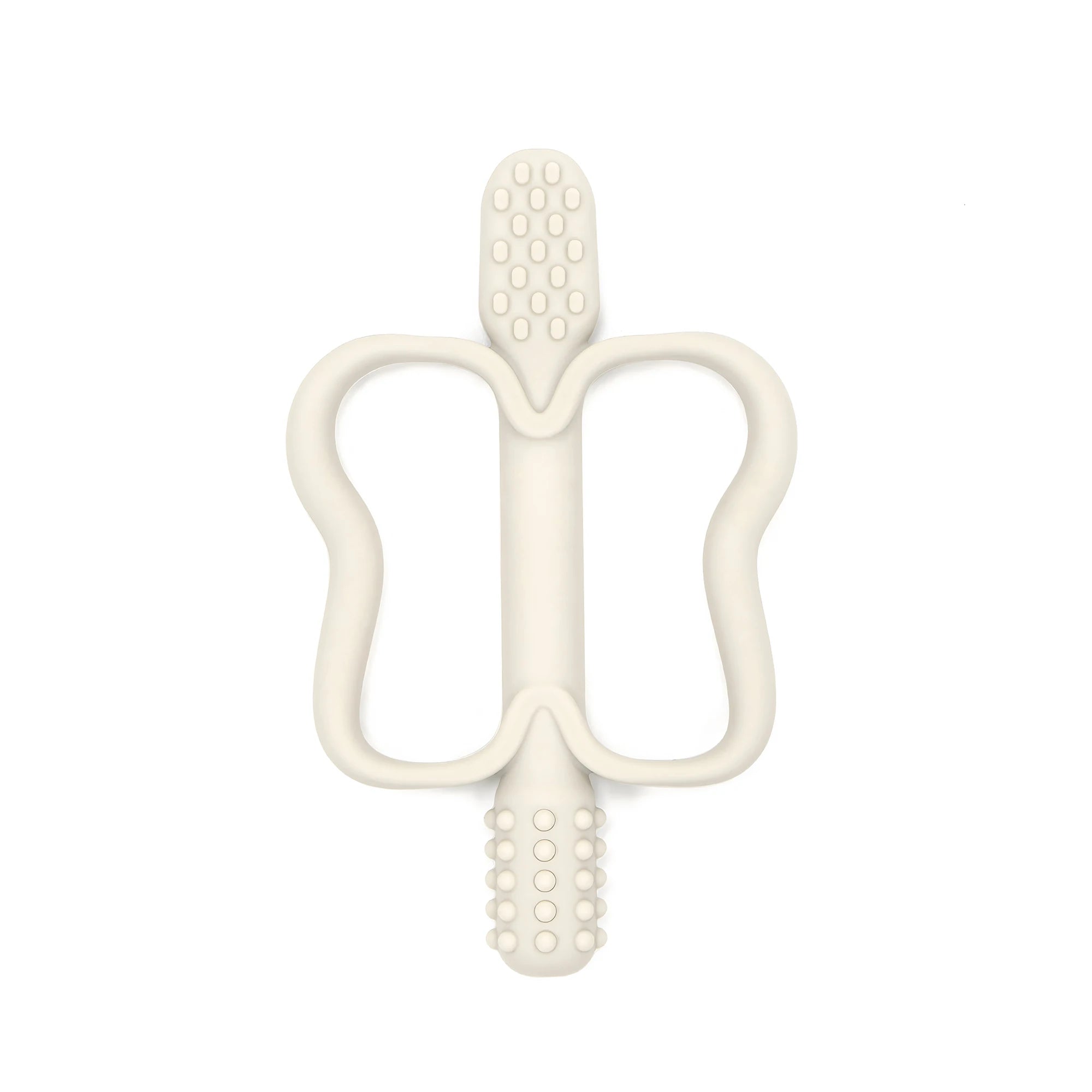 White butterfly-shaped baby teether on a white background
