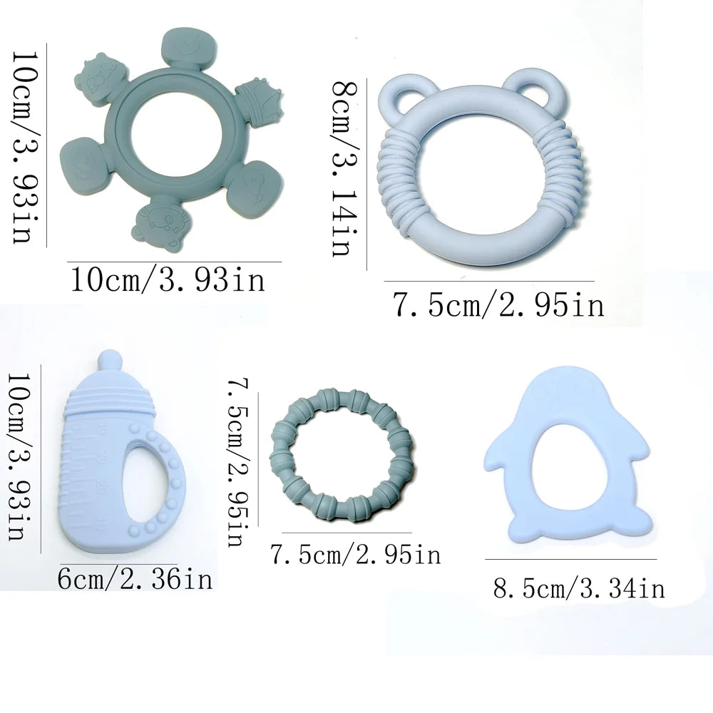Set of blue silicone baby teething toys with measurements
