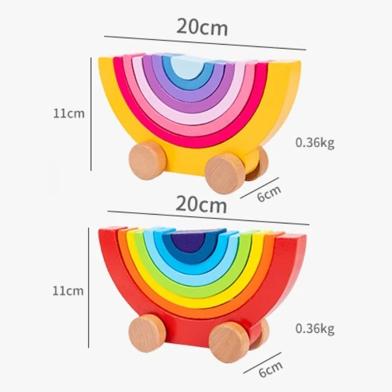 Two colorful wooden rainbow toys with measurements and weight displayed on a white background