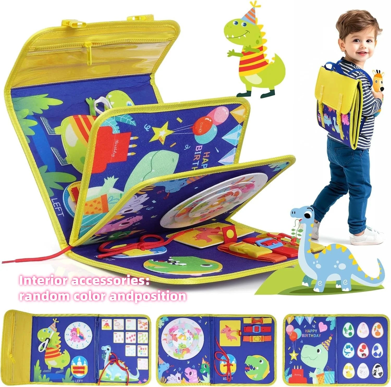 Children's educational toy with dinosaur illustrations, including a child wearing a backpack with similar design.