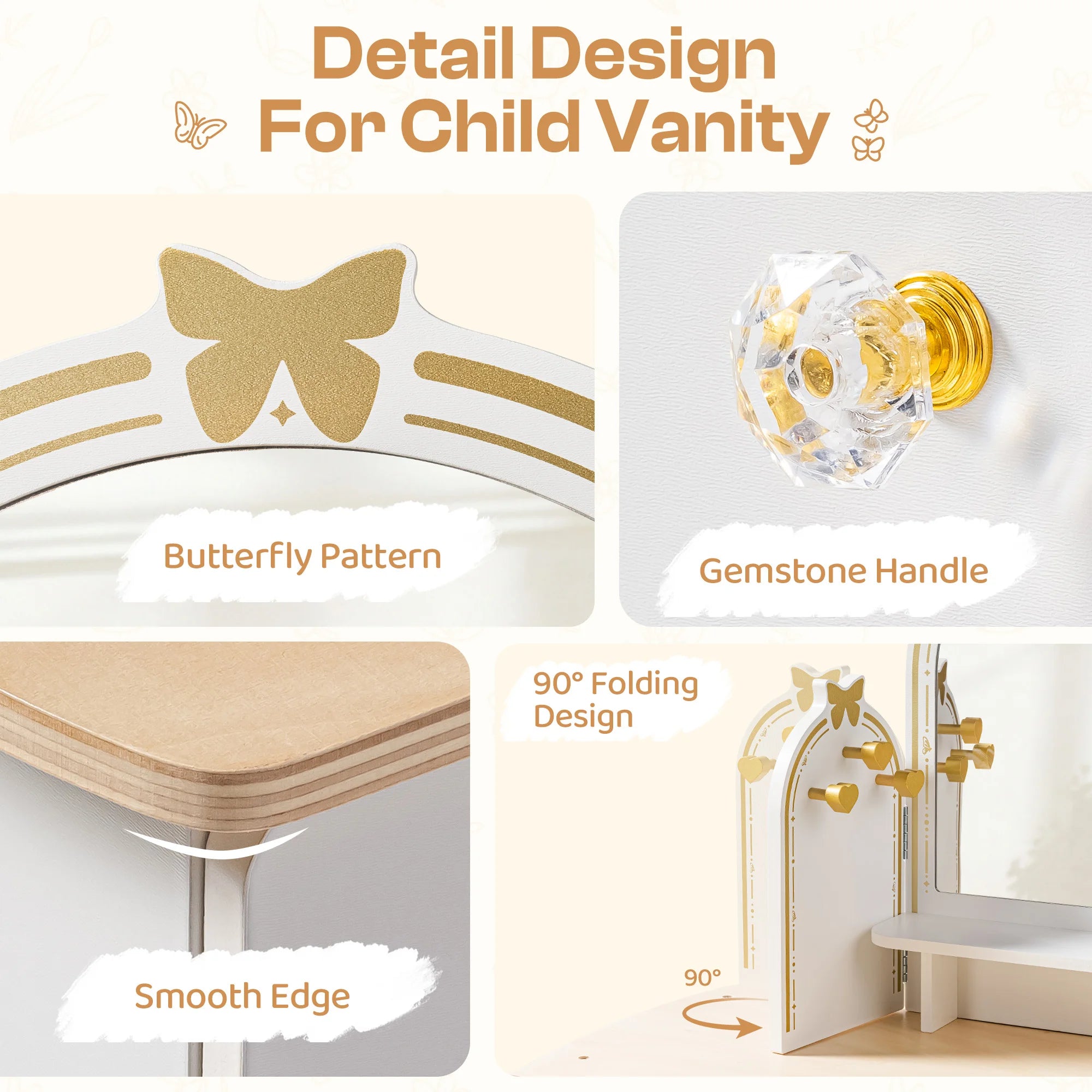 Wooden Kids Vanity Table with Mirror and Stool