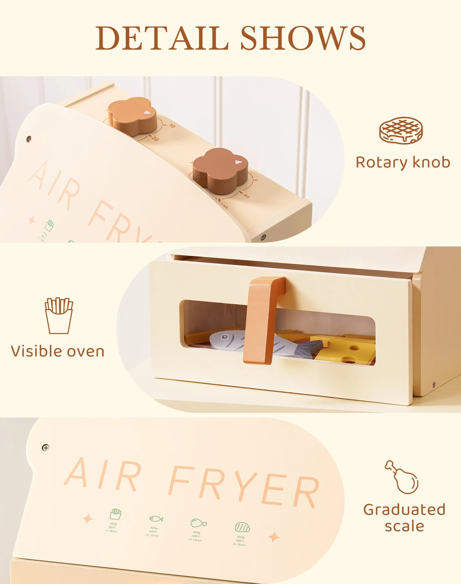 Wooden toy air fryer with labeled features on a white background