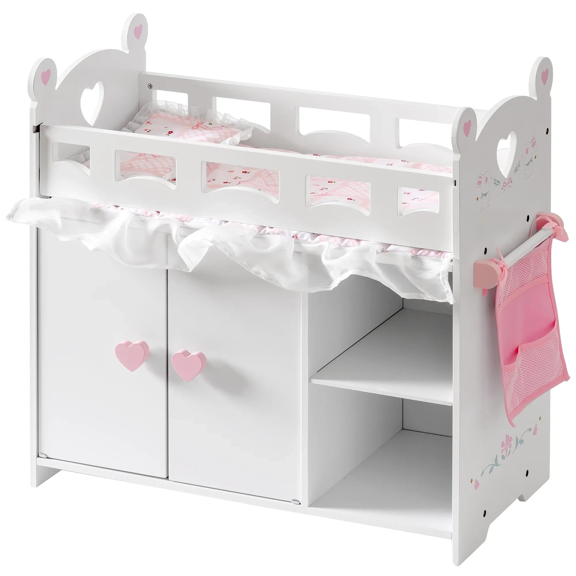 White doll crib with pink accents and heart designs on a white background