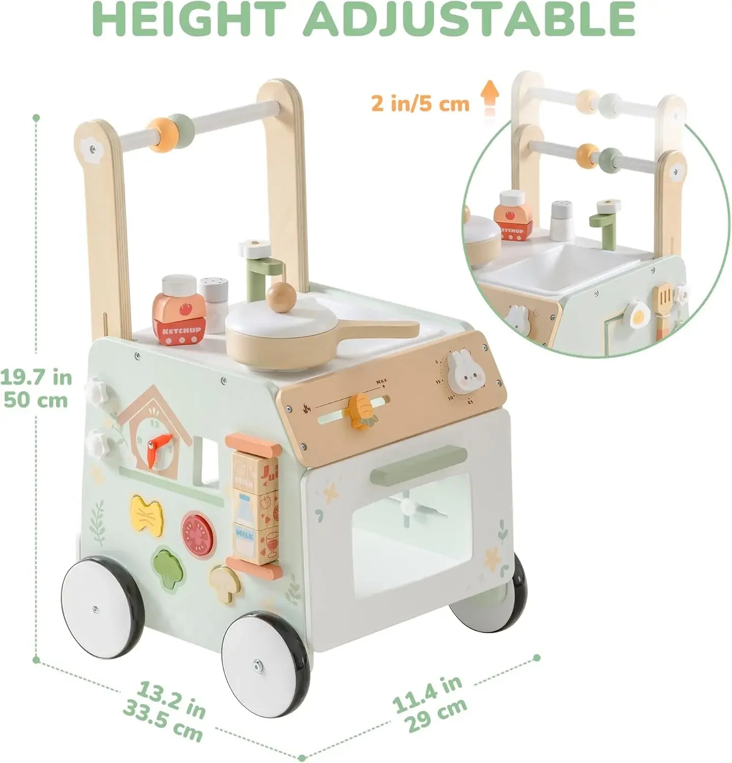 Children's wooden play kitchen with height adjustable feature, showing measurements and inset of sink area.