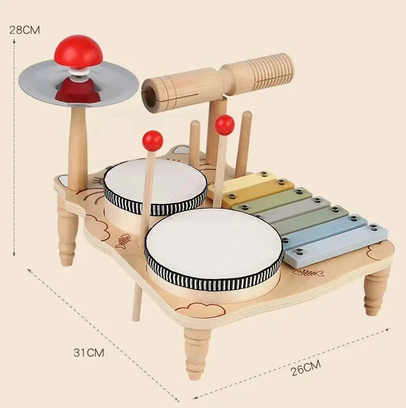 Kids Montessori Wooden Multi-Functional Drum Music Station