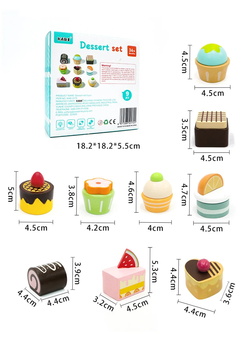 Toy dessert set with packaging and dimensions on a white background