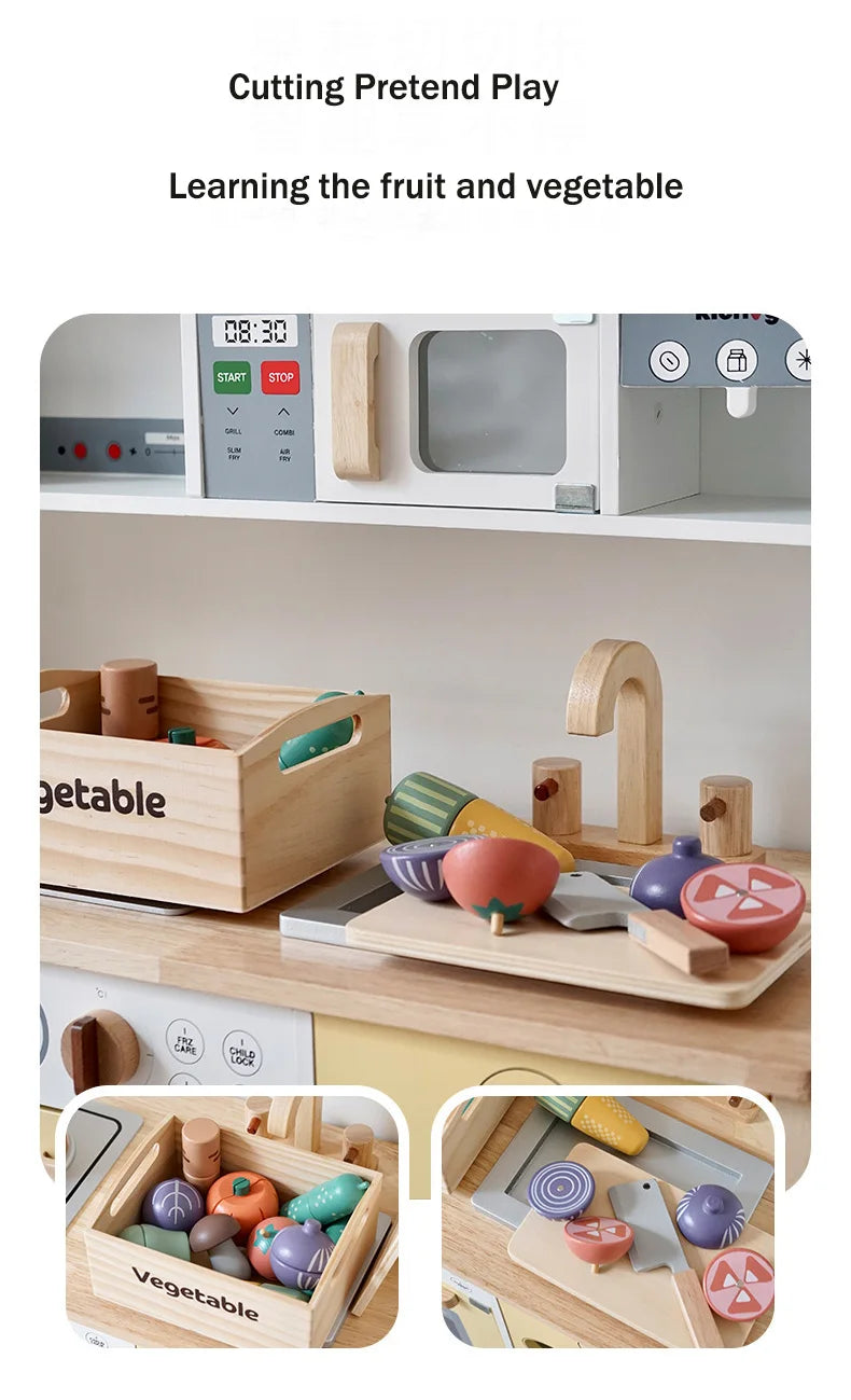 Wooden toy kitchen set with fruits and vegetables, educational theme.