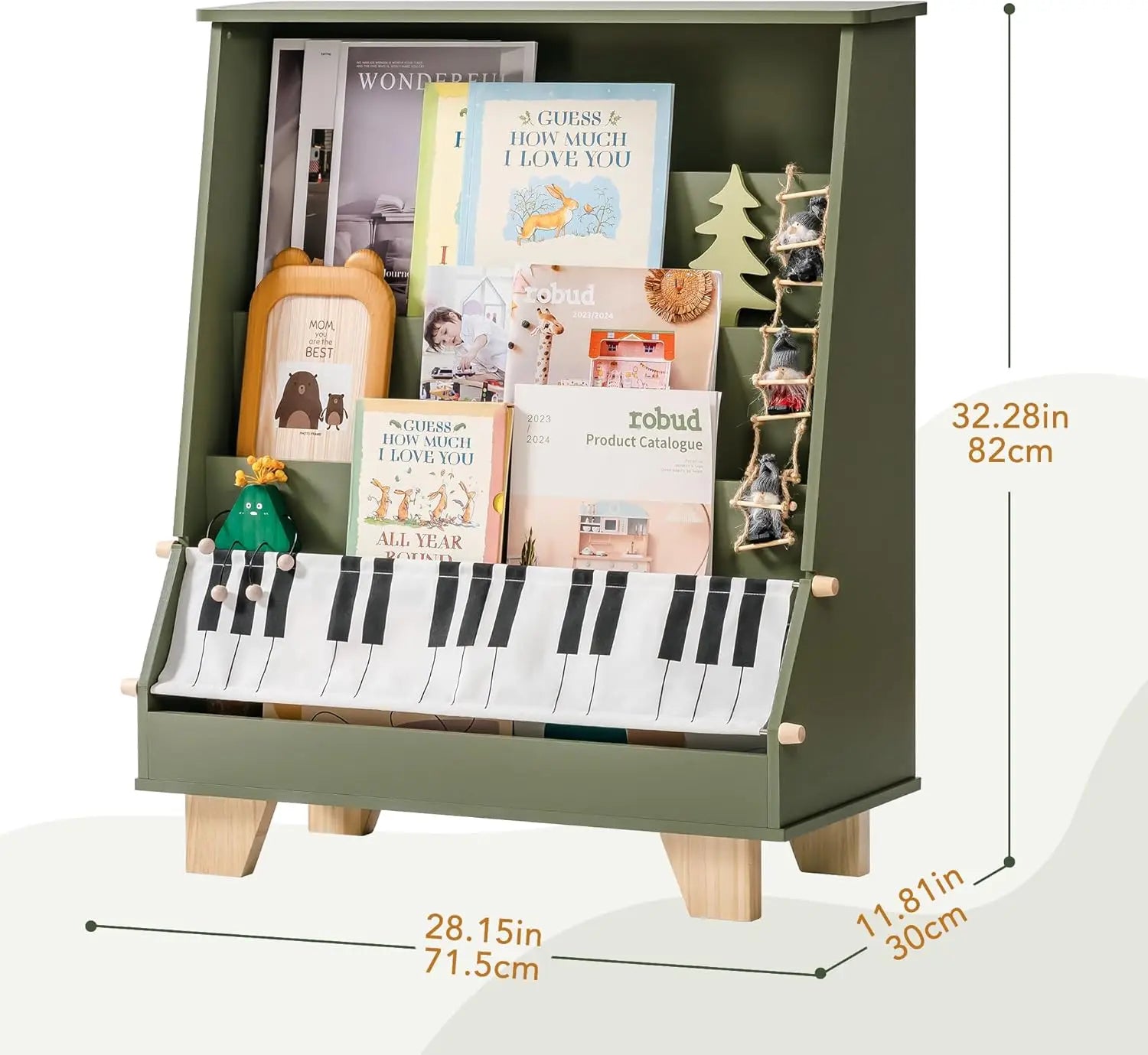 Green bookshelf with books and decorative items, including a keyboard-themed magazine, with dimensions displayed.