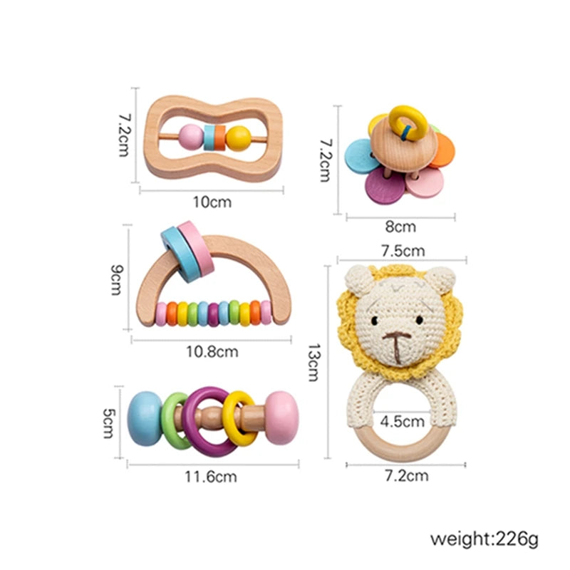 Wooden Baby Rattle Gift Sets featuring a knitted lion face toy, part of a Montessori-inspired collection designed to stimulate sensory development and creativity.