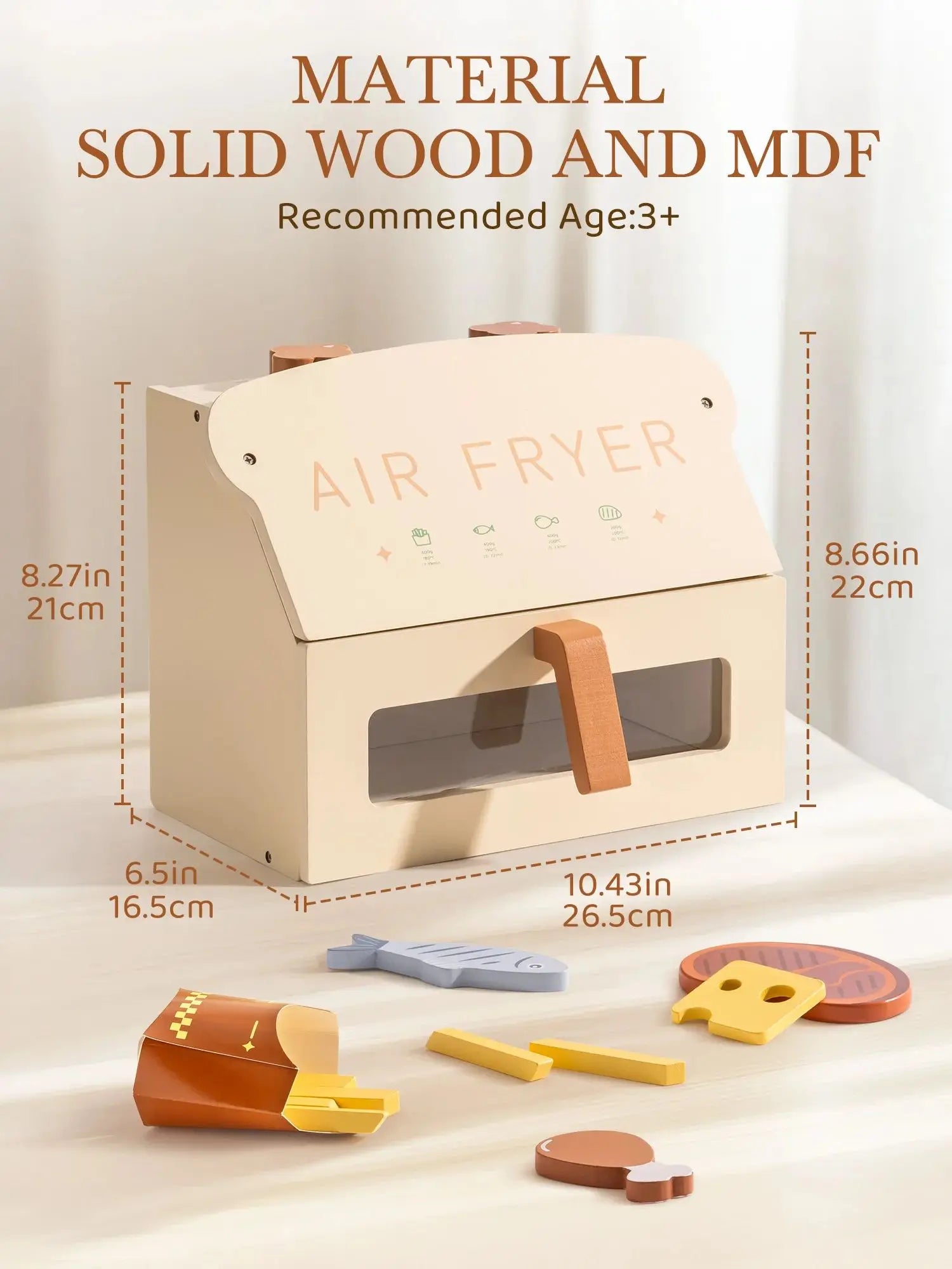 Wooden toy air fryer with measurements and recommended age on a light background