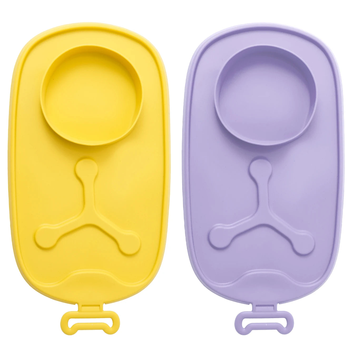 Yellow and lavender foldable silicone placemats with built-in bowls