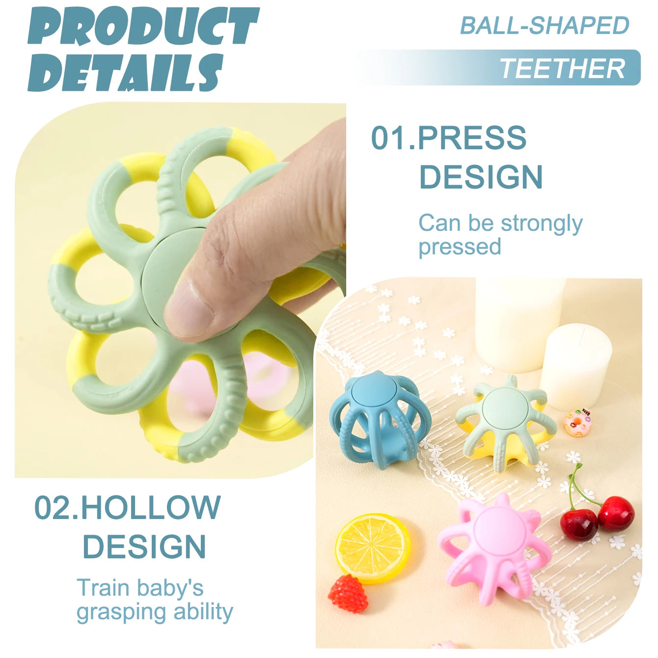 Octopus teether with press design and hollow grasping shape