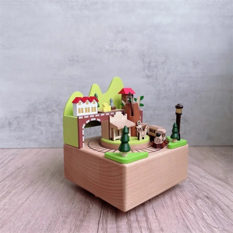 Wooden Forest Train Music Box – Wind-Up Clockwork Village Scene | Oliver & Company Montessori Toys