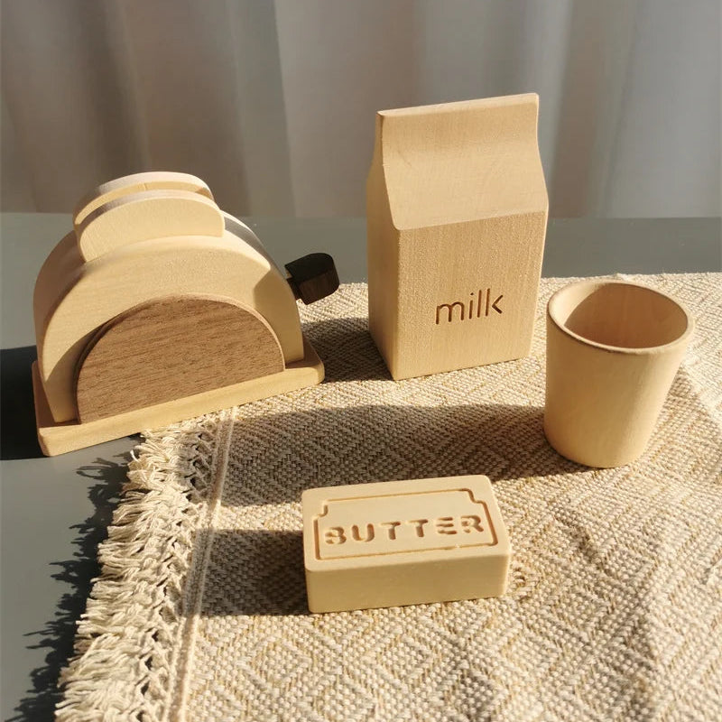 Wooden butter dish, milk carton, and butter block on a textured surface with a neutral background.
