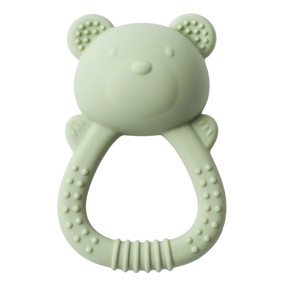 Mint green bear-shaped teething ring on a white background