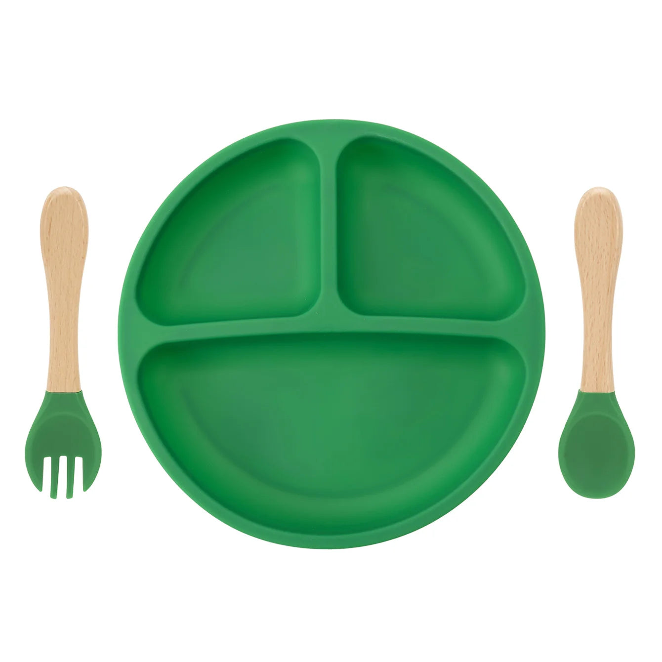 Silicone divided suction plate with wooden spoon and fork in Green