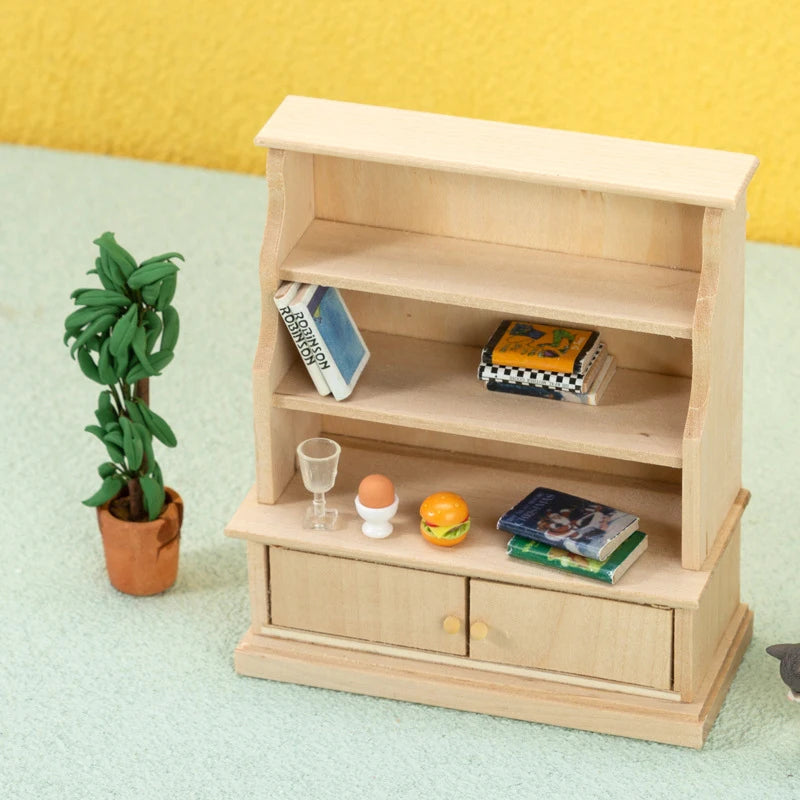 Small wooden bookshelf with miniature items against a yellow and light green background
