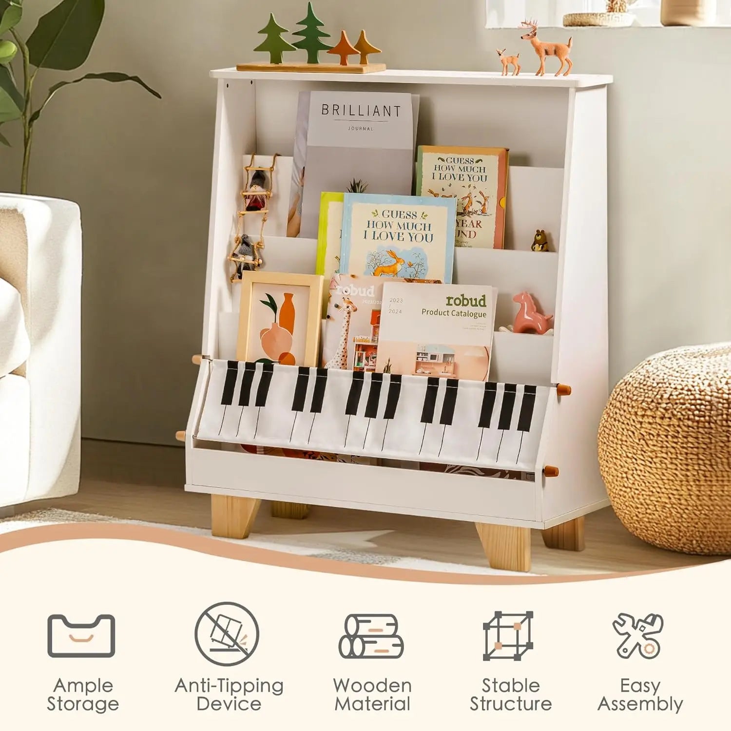 Children's bookshelf with books and toys in a room setting