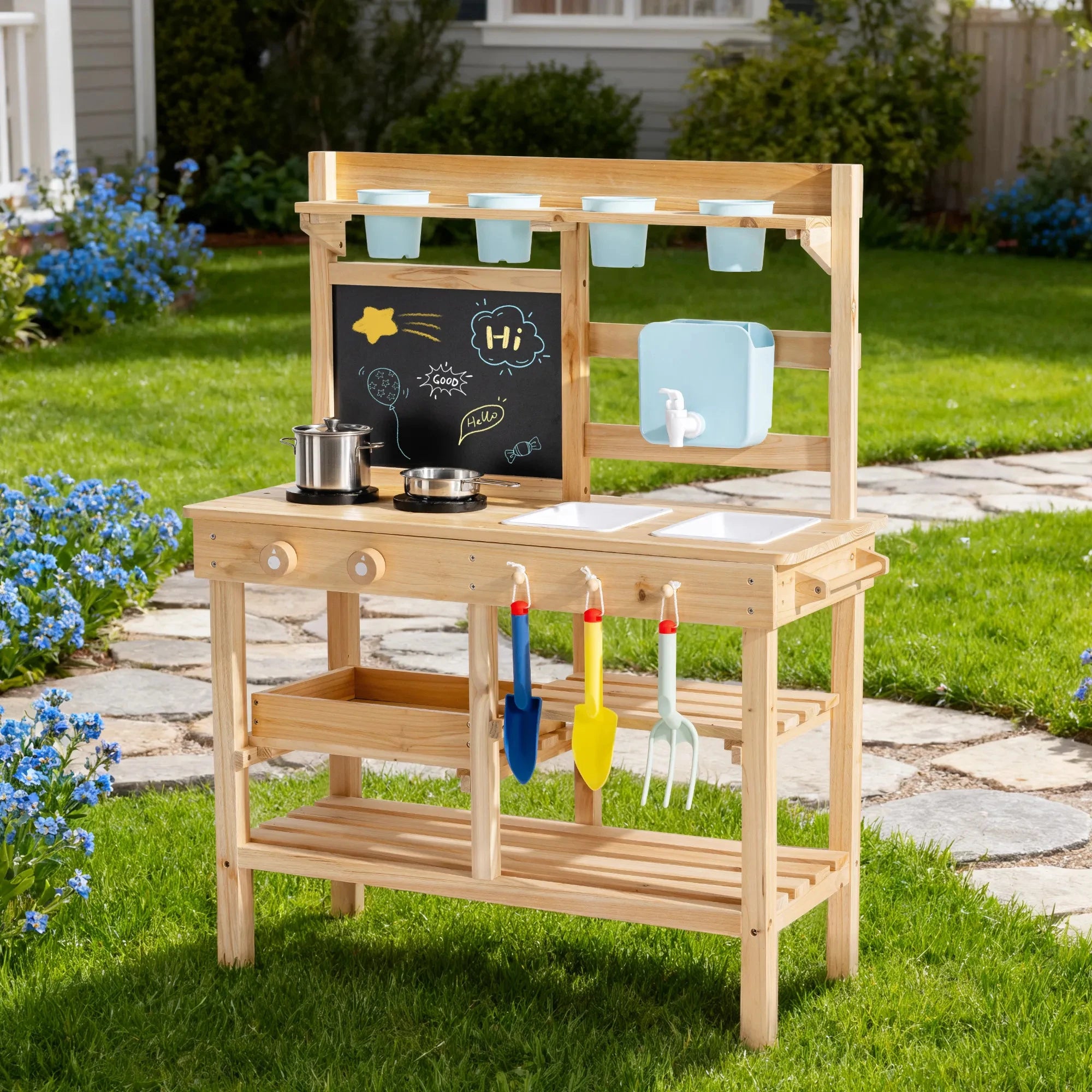 Wooden Outdoor Mud Kitchen with Water Pump and Chalkboard