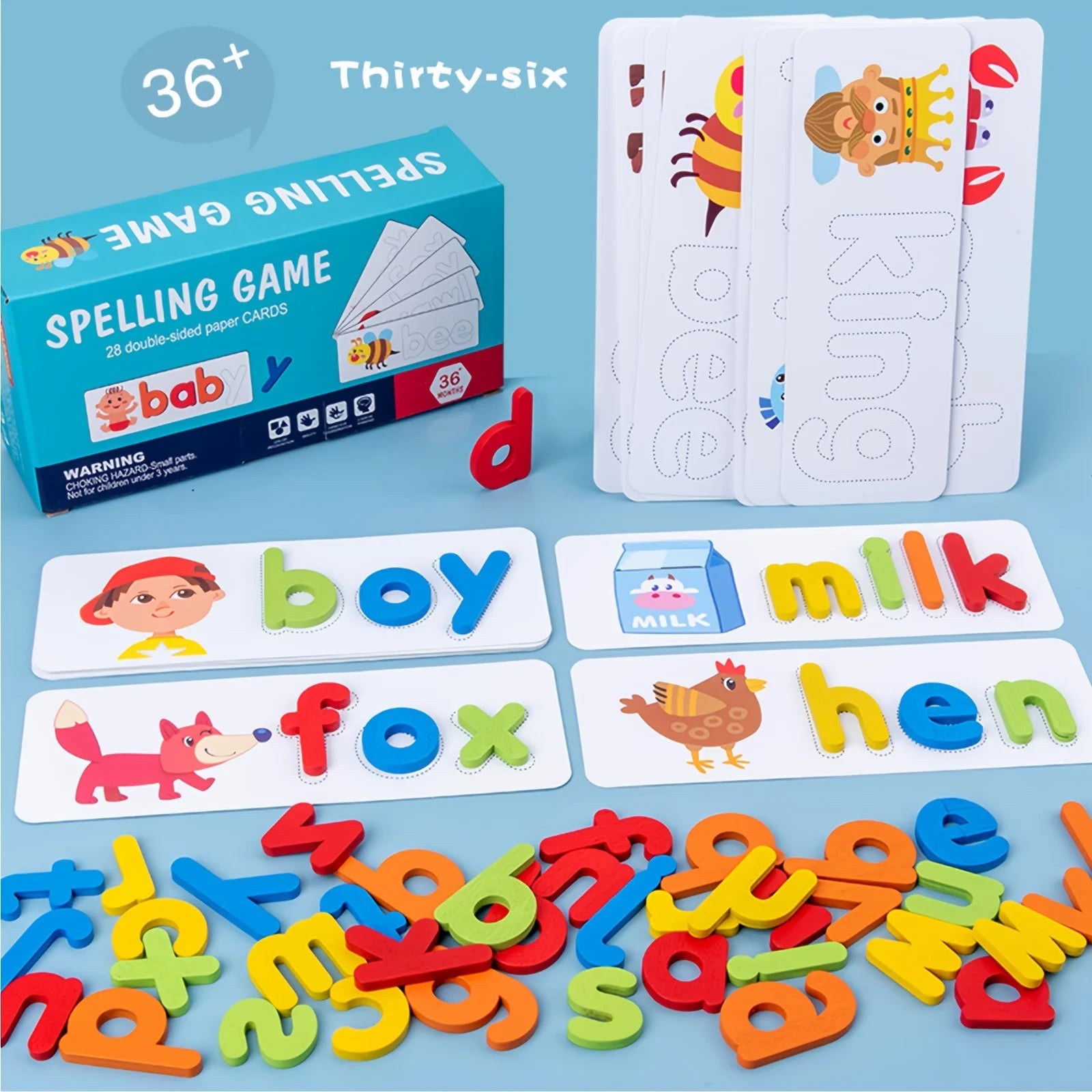 Wooden Letter Spelling Game with Picture Cards for Kids Ages 3-6