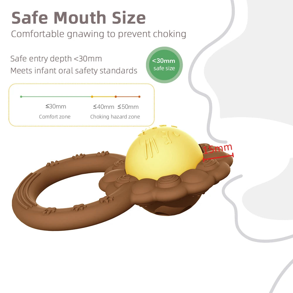 Dog toy with a yellow ball and brown ring, showing safe mouth size measurement.