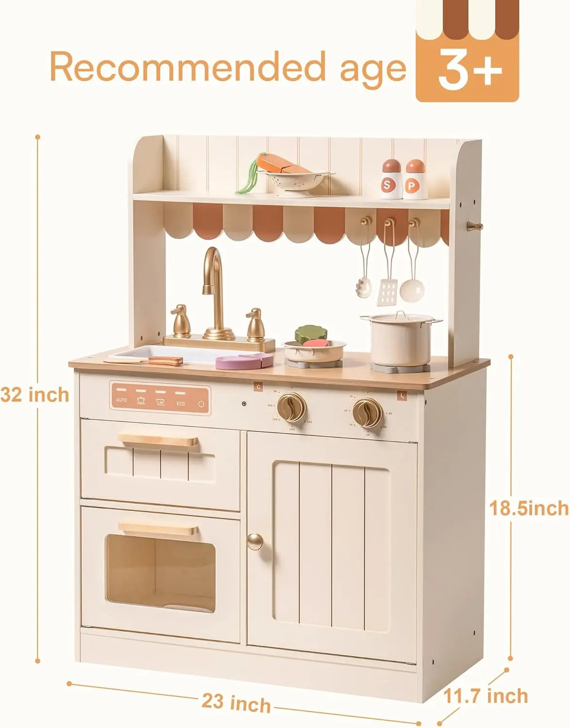 Children's play kitchen set with measurements and recommended age indicator.