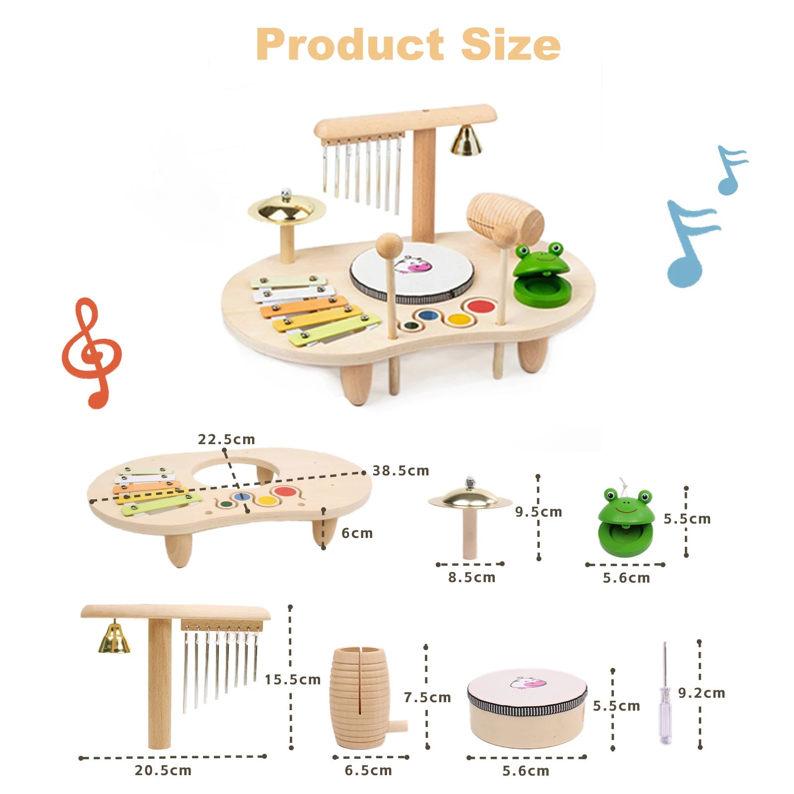 Wooden musical toy set with measurements on a white background