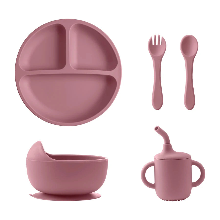 Mauve divided plate, bowl, straw cup, spoon and fork