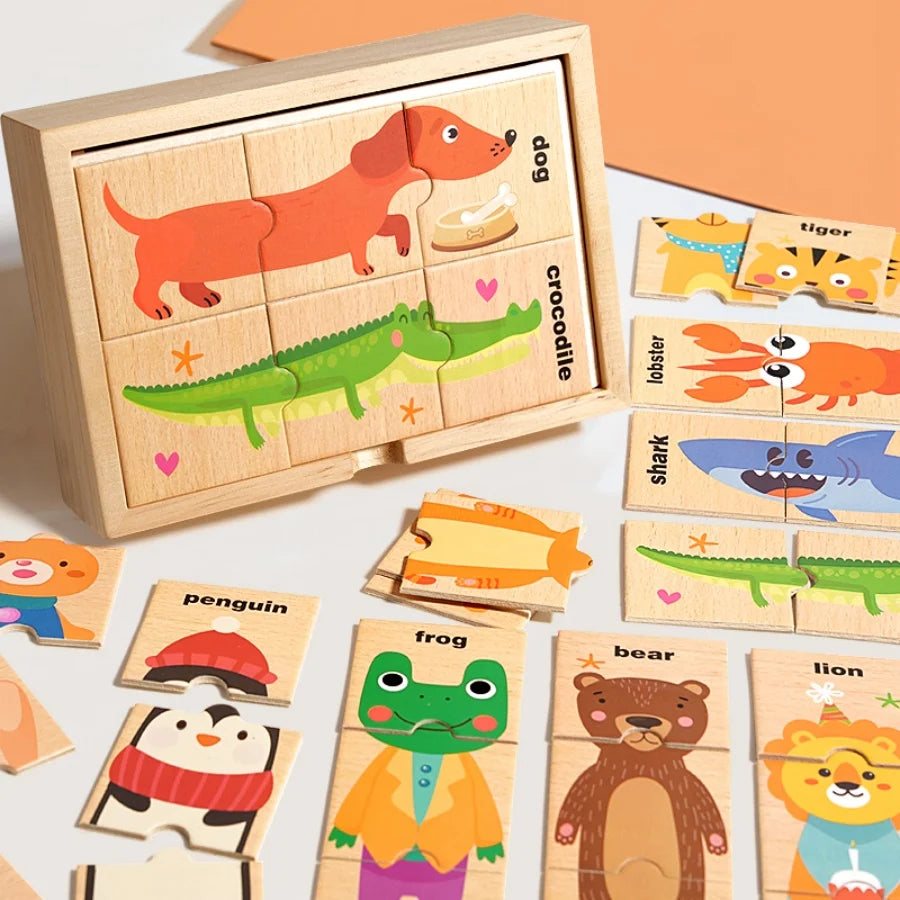 Wooden animal puzzle with colorful illustrations on a light surface