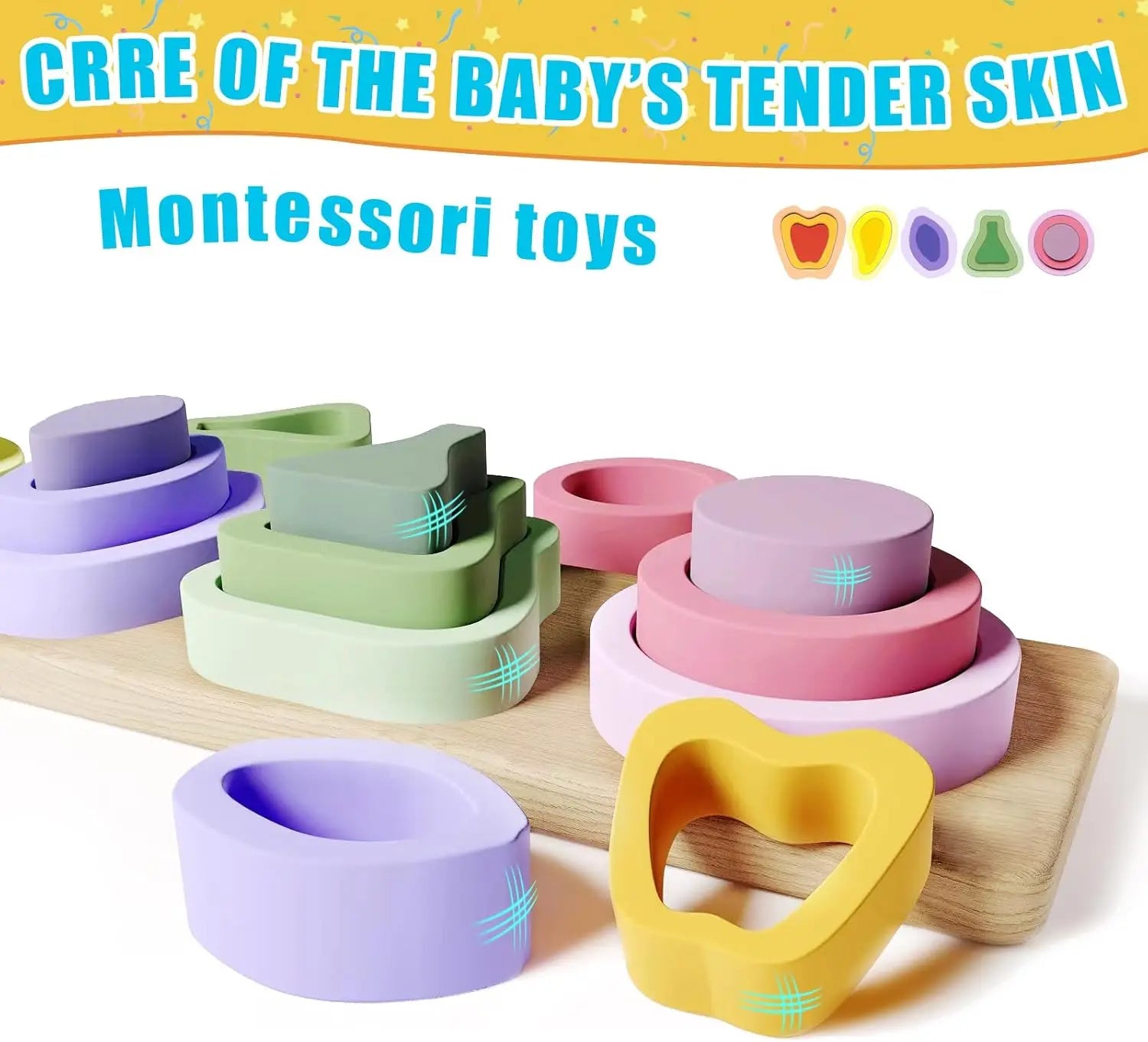Colorful Montessori toys on a wooden base with text about baby safety.