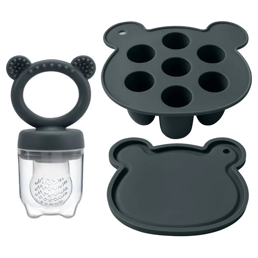 Dark grey popsicle tray, lid and fruit feeder