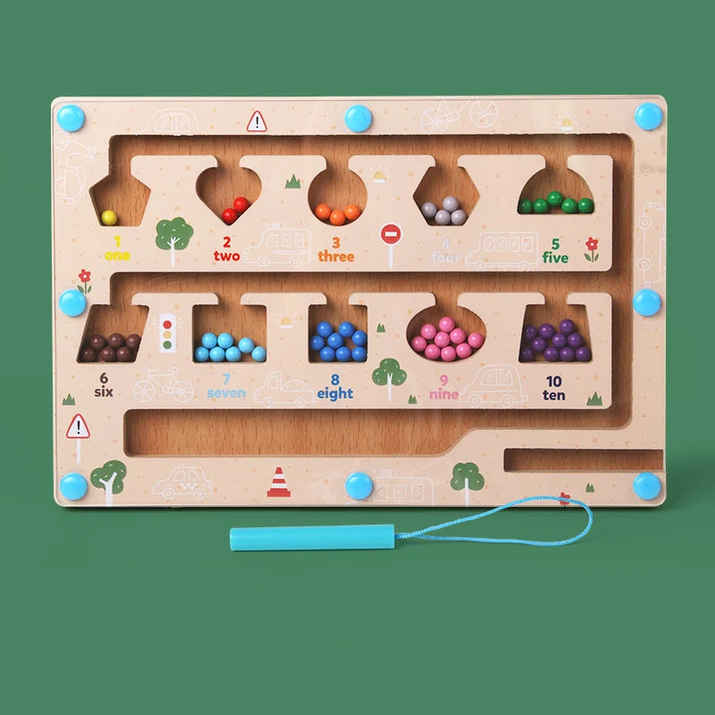 Wooden educational toy with colorful beads and number labels on a green background