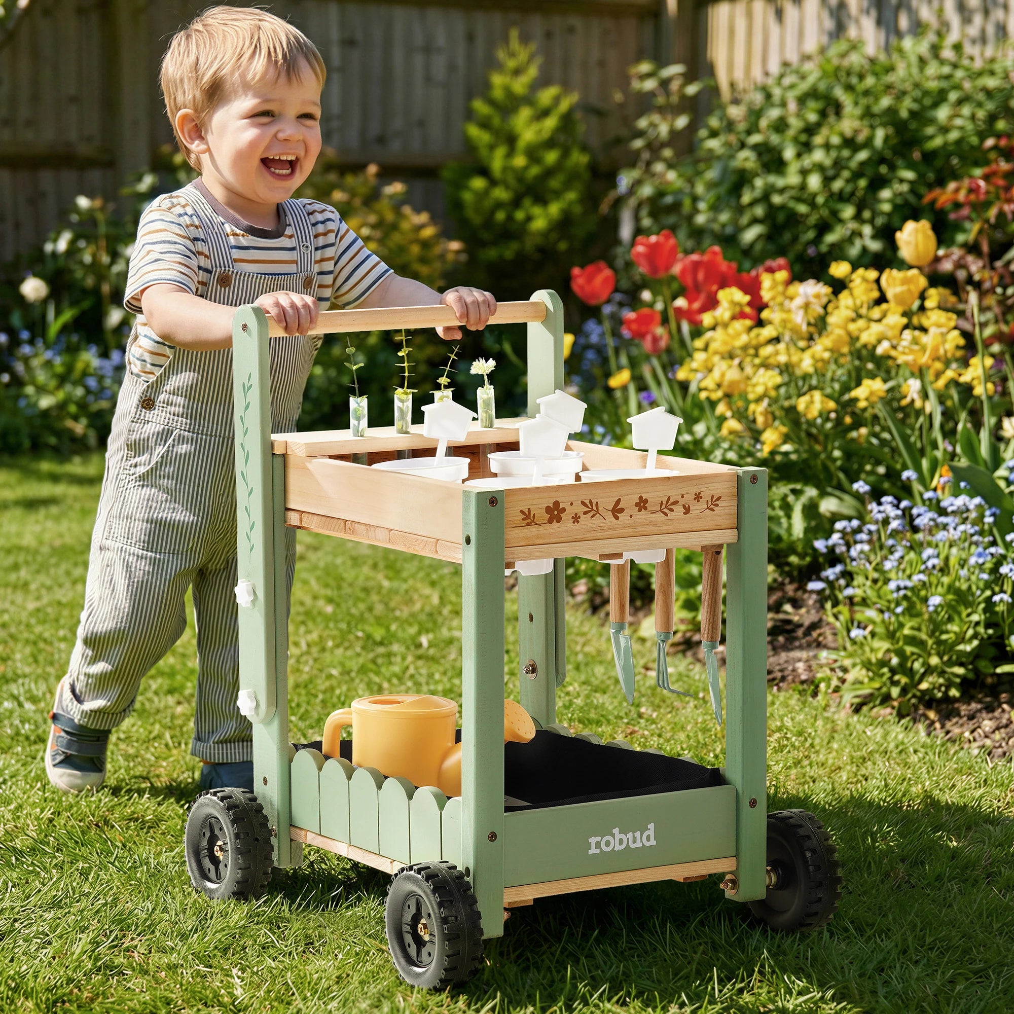 Wooden Kids Garden Cart with Tools and Planters
