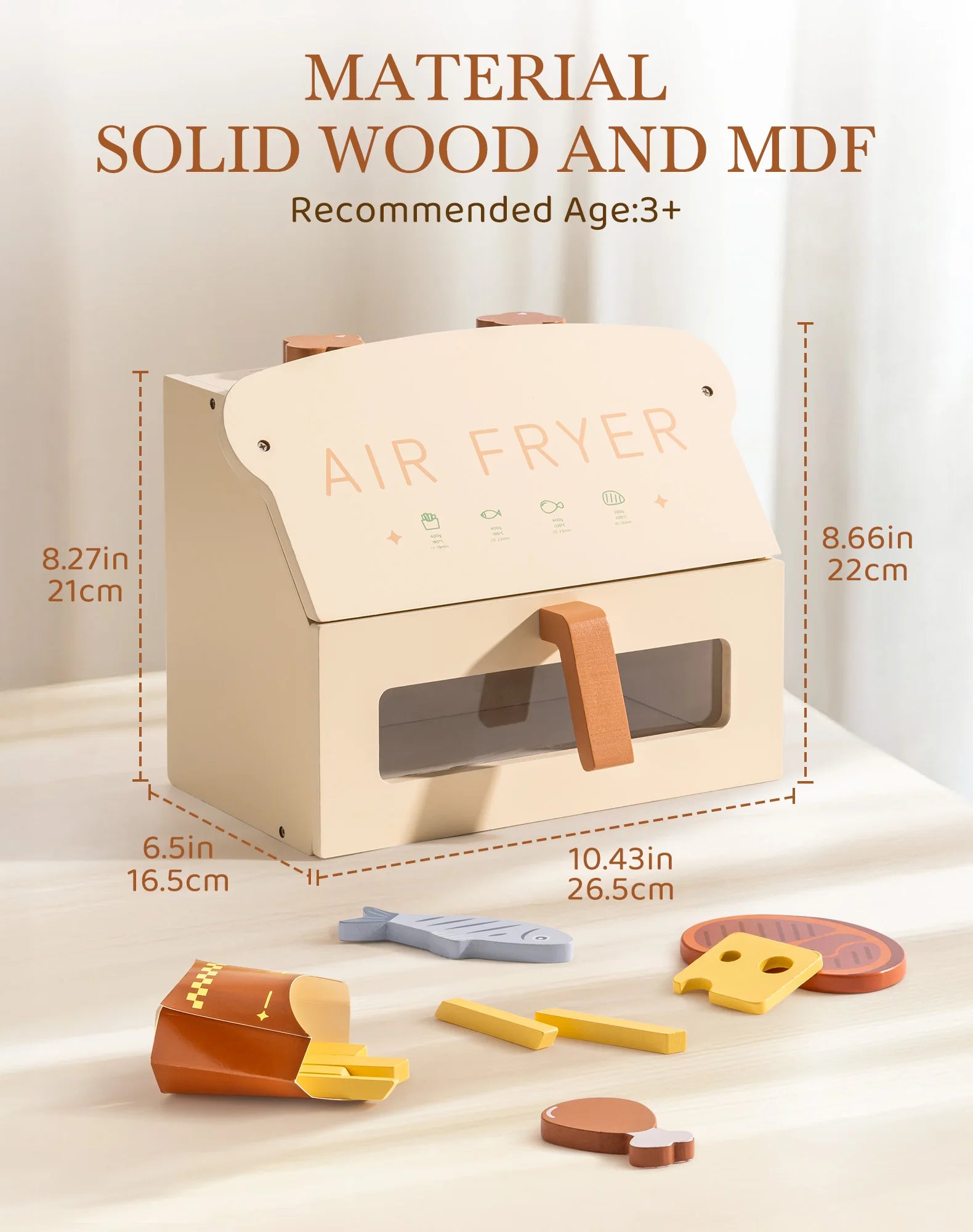 Wooden toy air fryer with measurements and material details on a light background