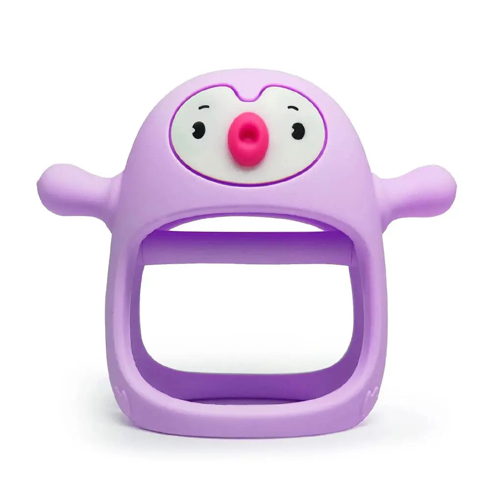 Purple baby teether with a cartoon face on a white background